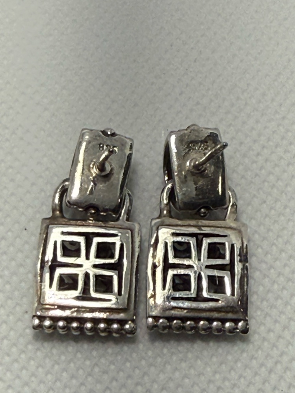 Sterling Silver 925 Scroll Square Dangle Earrings 1” - Picture 2 of 3
